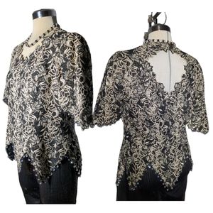 Michael Jordan Luxury Black &Gold  Lace With Crystal Beads Trimmed Blouse Size M